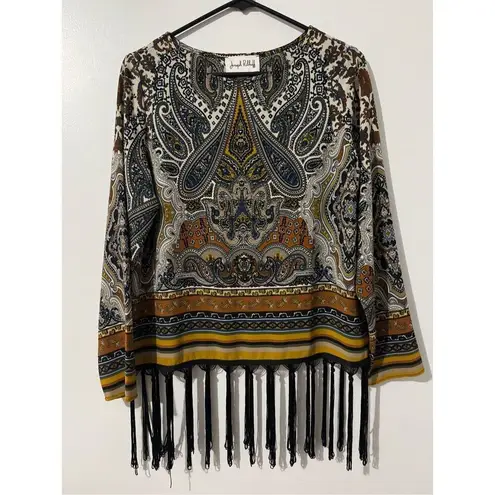 Joseph Ribkoff Jospeh Ribkoff Women’s Paisley Aztec Striped Fringe Blouse sz 8 Boho Artsy Indie