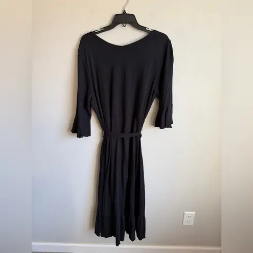Soft Surroundings Black Ruffled Faux Wrap Belted Knee Length Dress Womens LP