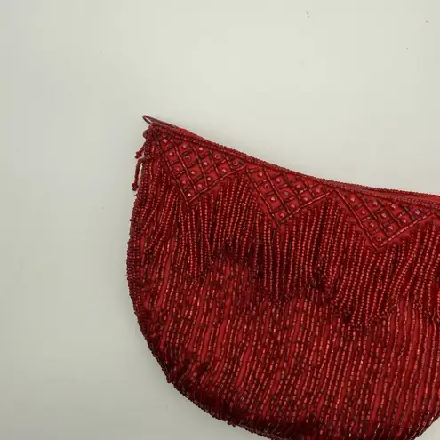 La Regale *Flaws* Vintage Red Beaded Clutch Fringe Small Evening Bag Formal