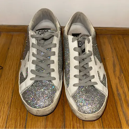 Golden Goose  Superstar Distressed
Glittered Leather Sneakers US9