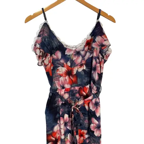 Miss Love Miss Love Maxi Dress Medium Blue Pink Floral Print Sleeveless Lace Trim Belt