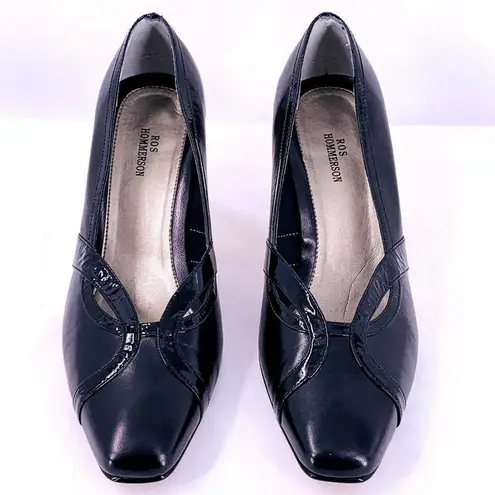 ROS HAMMERSON Leather & Patent Mid Heel Pump 8.5 W Black