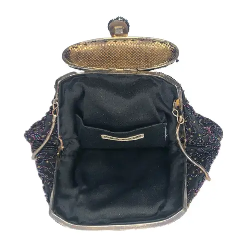 VTG Purse Crossbody Hand Made In Hong Kong Multi Color Beaded Evening Bag Black