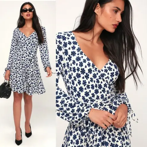 Free People  Small Wrap V Neck Mini Floral Long Sleeve Dress White Blue Pradera