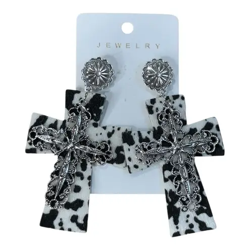 Cow Print Cross Dangle Earrings Western Country Silver Tone Statement New Black