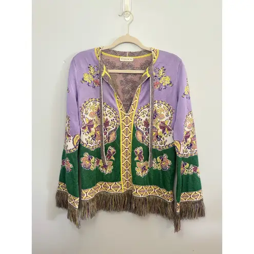 Etro Paisley Print Fringe Trim Top Italian Knitwear Bohemian Size 42 Purple Size XL