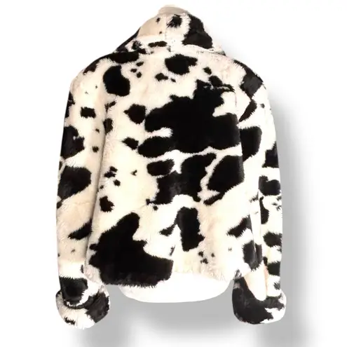 Vintage 90s Black White Western Coat Cow Print Cropped Fleece Faux Fur Jacket