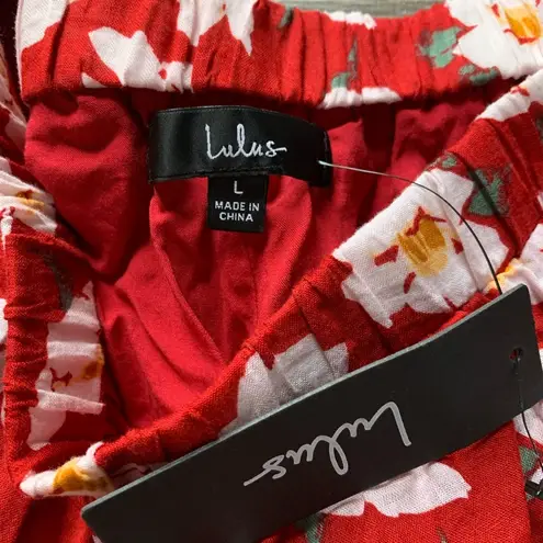 NWT Lulus Flirty Flowers Red Floral Print Wide Leg Pants L Size L