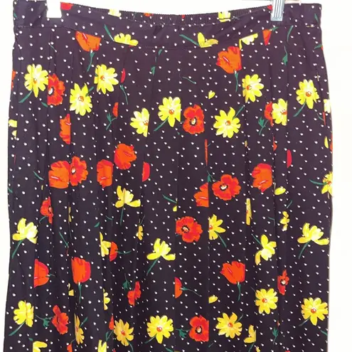 Vintage modest midi length floral skirt with fun tiny white polka dots Size XL