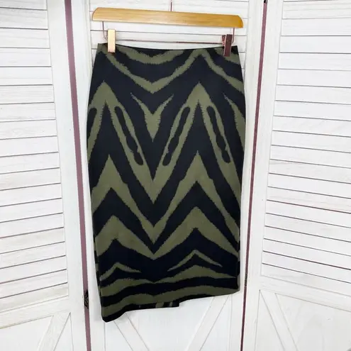 New York & Company Zebra Animal Print Midi Pencil Skirt Green Black Size 0