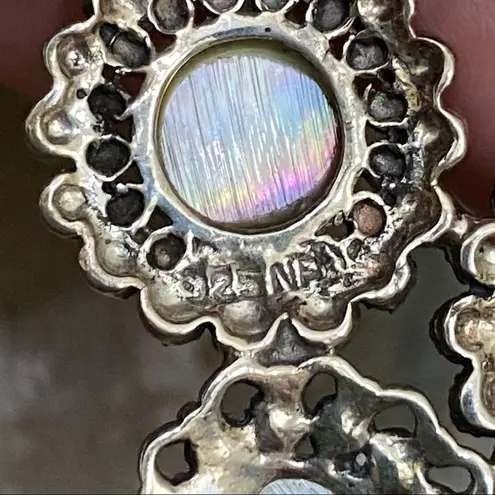 Sterling Silver Vintage 925 Filigree Marcasite Abalone Yellow Moonstone Brooch