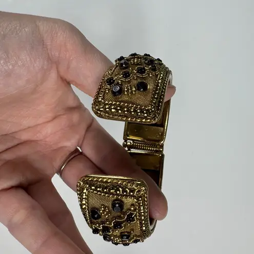 Gold Tone Hinged Bangle Bracelet with Black Faceted Rhinestone Embellishments