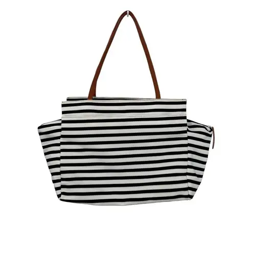 DSW Exclusive-Striped Overnighter Large Tote Bag Black White Canvas Strap Pocket