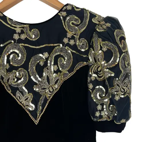 Jessica McClintock Vintage Black Velvet Gold Sequin Puffy Half Sleeves Dress