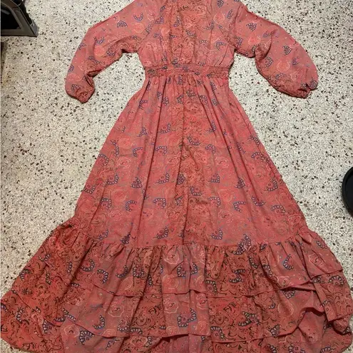 Boemo Anthropologie Revolve Maxi Dress Coral Pink Sz M Ruffle Tiered Long Sleeve Size M