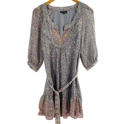 Warehouse Boho Peasant Mini Dress Size 6 Pink Gray Paisley Silk Puff Sleeves