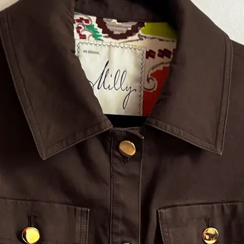 Milly New York Short Trench Coat Brown Belted Gold Button Closure Size 6 Solid