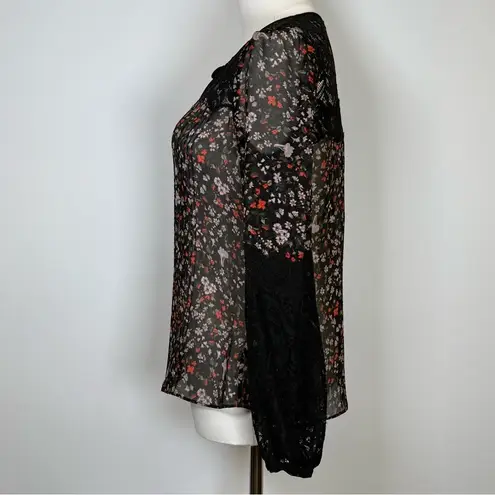 Rebecca Taylor ‘Lyra’ Red Floral Black Lace Pintuck Silk Blouse Women’s Size 00