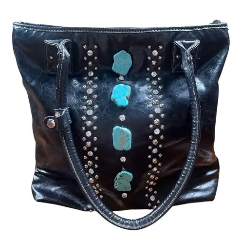 Country Road Purse Black Faux Leather Turquoise Cowgirl Western Rhinestone Studs