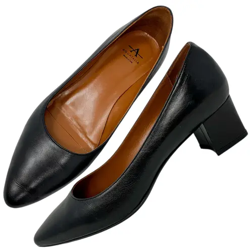 Aquatalia Pasha Black Leather Almond Toe Low Block Heels Weatherproof Pumps