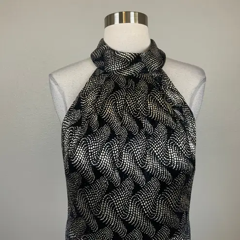 Betsy and Adam Sleeveless Halter Evening Gown Size 4 Blue and Gold Metallic Dress