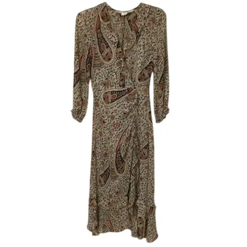 Veronica Beard Beige Derby Paisley Silk Midi Dress Womens Size 00 Ruffles