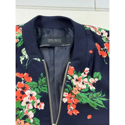 Zara Basic Floral Bomber Jacket Size XS Navy Blue Orange Green Flowers