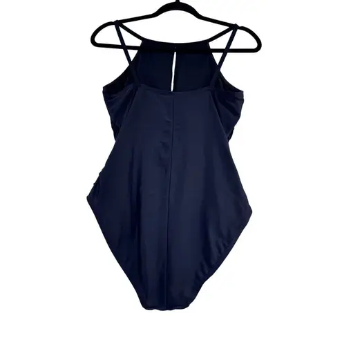 Ellen Tracy Black One-Piece Swimsuit Size 10 Keyhole Halter Ruched Front
