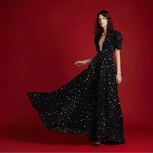 Stoned Immaculate Hollywood Black Star Print Short Sleeve Maxi Wrap Dress XS