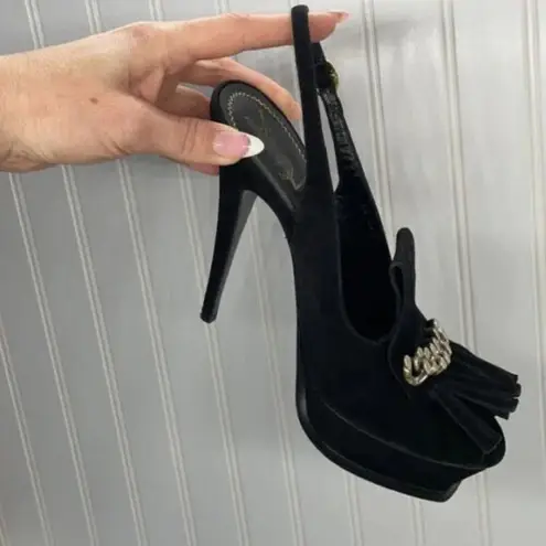 Yves Saint Laurent Black Suede Fringe Chain Open Toe Slingback Stiletto Heel 8.5