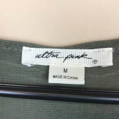 Ultra Pink Women’s Floral Embroidered Lace Mesh Flare Sleeve Button Back Blouse