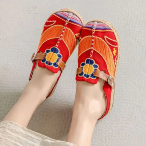 Cactus Rose | Honolulu Embroidered Linen Mules Red 41 Size 10