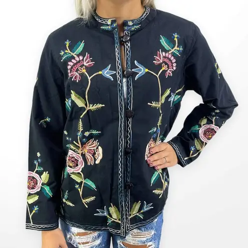 90s BEDFORD FAIR Vintage Black Floral Embroidered Toggle Jacket Size 8P