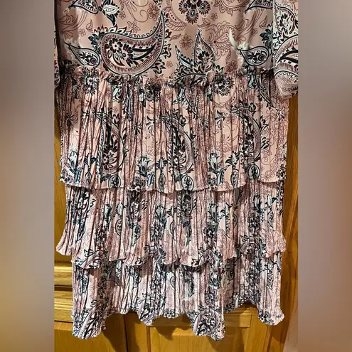 MELLODAY Layered Tiered Ruffle Chiffon Pink Paisley Lined Mini Dress Size XS