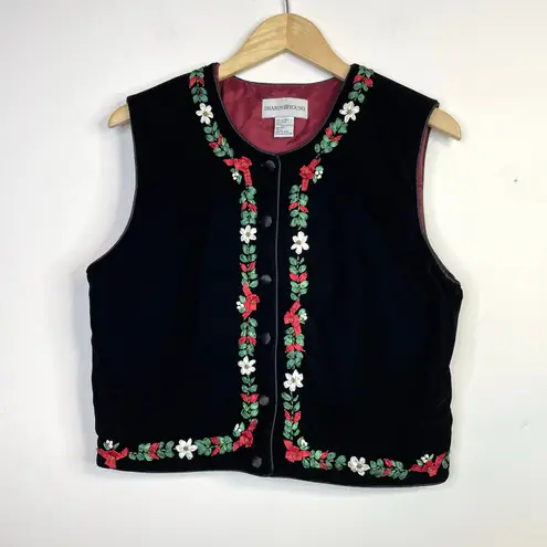 Vintage Sharon Young Black Velvet Ribbon Embroidered Christmas Santa Vest L Size L