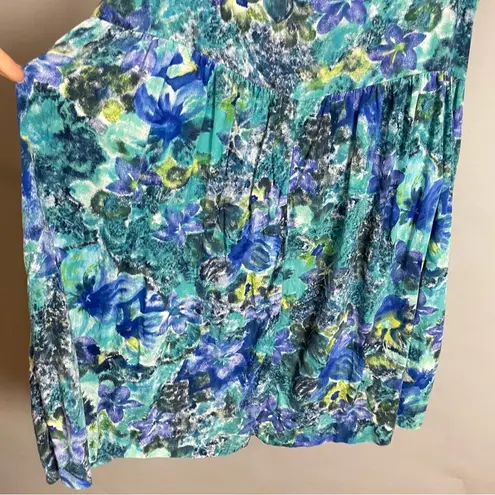Vintage 90s Babydoll Dress Sleeveless Relaxed Fit Pockets Blue Green Tropical Size L