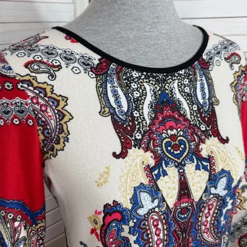 Melissa Paige Paisley Damask Print Bell Sleeve Knit Tunic Top Red Cream Small