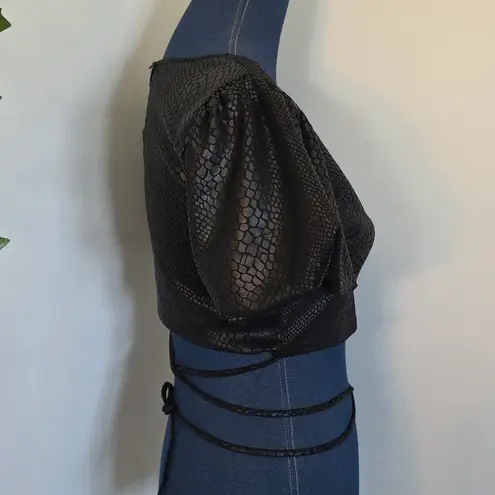 Meraki Black Faux Snakeskin Crop Top Puffy Sleeves Size M