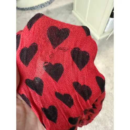 Women's Red Black Heart Print Pattern Fringe Holiday Scarf Twee Christmas Xmas