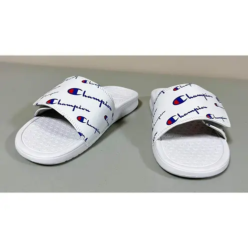 Champion White Blue Logo Graphic Slip-On Summer Slippers Slides Flip-Flops Sandals Shoes Size 8 🤍💙