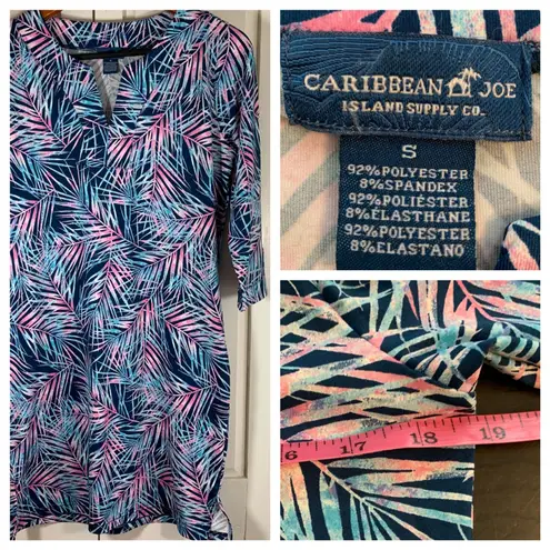 Caribbean Joe Womens Tropical Palm Print V Neck 3/4 Sleeve Dress Size S