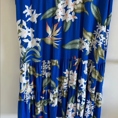 Aloha hut Hawaiian print tiered dress tropical floral Hawaii plumeria Blue Size XL