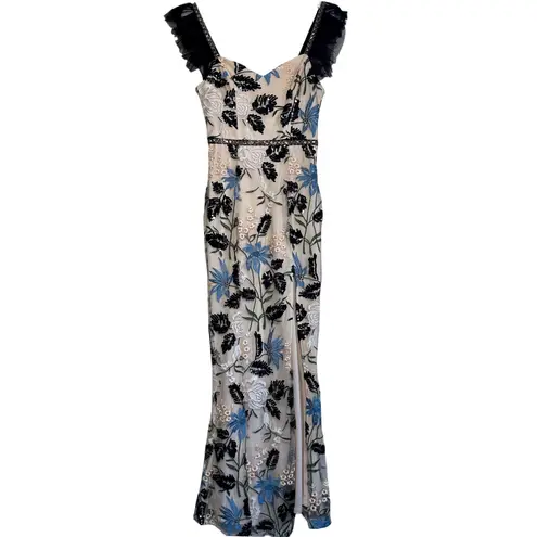 Lulus Show Stopper Cream Embroidered Sequin Bodycon Maxi Dress XS Tulle Gown Tan