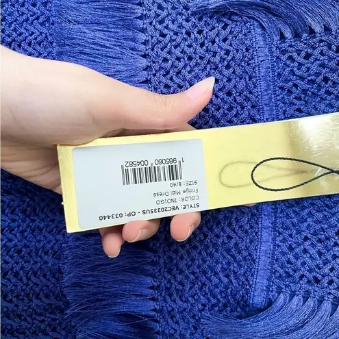 PatBO Dress Fringe Midi Crochet Tiered Sleeveless Beach Wedding Indigo 8 NWT Blue