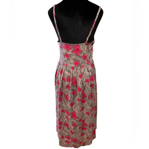 NEW Dip Pink Gray Tropical Artsy Floral Linen Sleeveless Tie Waist Midi Dress