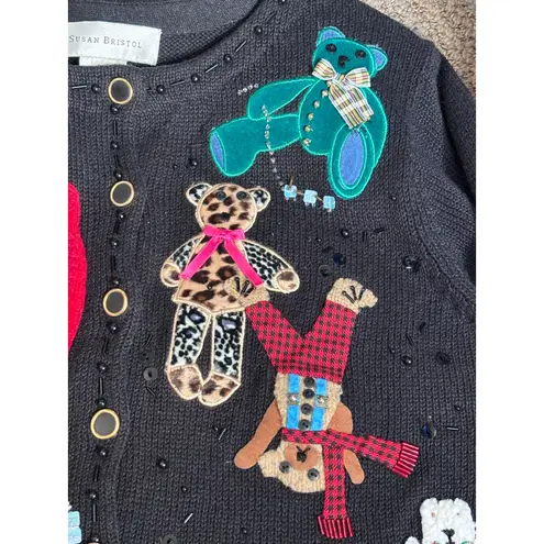 Vintage Susan Bristol Teddy Bear Applique Black Knit Cardigan Sweater Petite Size undefined