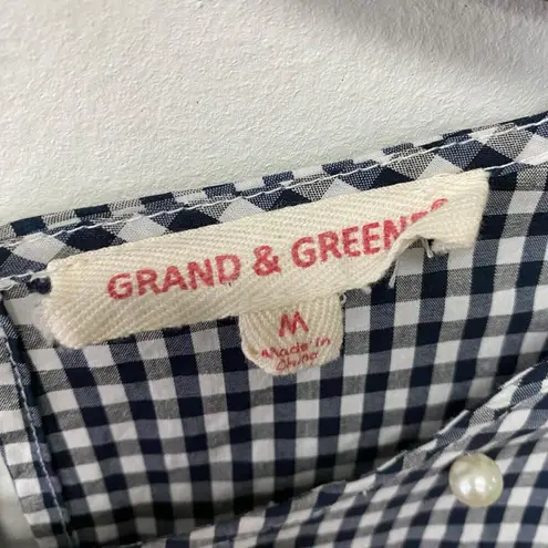 Grand & Greene Womens Navy and White Checkered Bell Sleeve Pearl Accent Top Sz M Blue Size M
