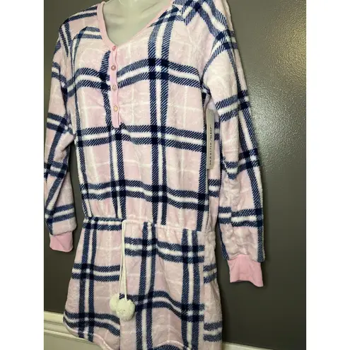 Em & Alfie Sleep Romper Womens Large Pink Blue Plaid Fleece Pajamas Loungewear