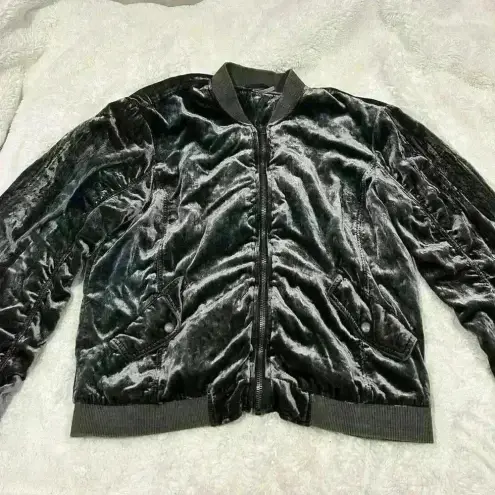 Free People  Ruched Plush Velvet‎ Bomber Jacket Medium Gray Draped Zip Front
