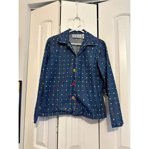 Keren Hart Denim Jacket Rainbow Polka Dot Square Button Up Jean Top Large Blue